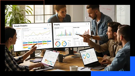 Professionals reviewing historical analytics data across multiple screens.