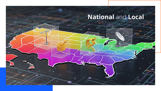 Map illustrating national and local TV advertising measurement coverage across the United States.