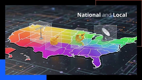 Map illustrating national and local TV advertising measurement coverage across the United States.