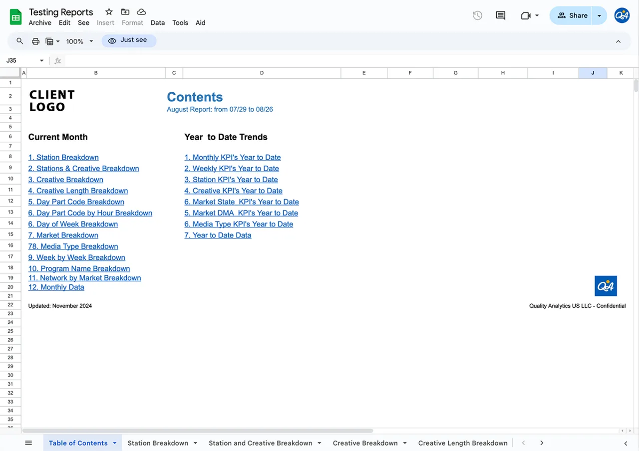Custom Excel report table of contents with current-month breakdowns and year-to-date KPI trends.
