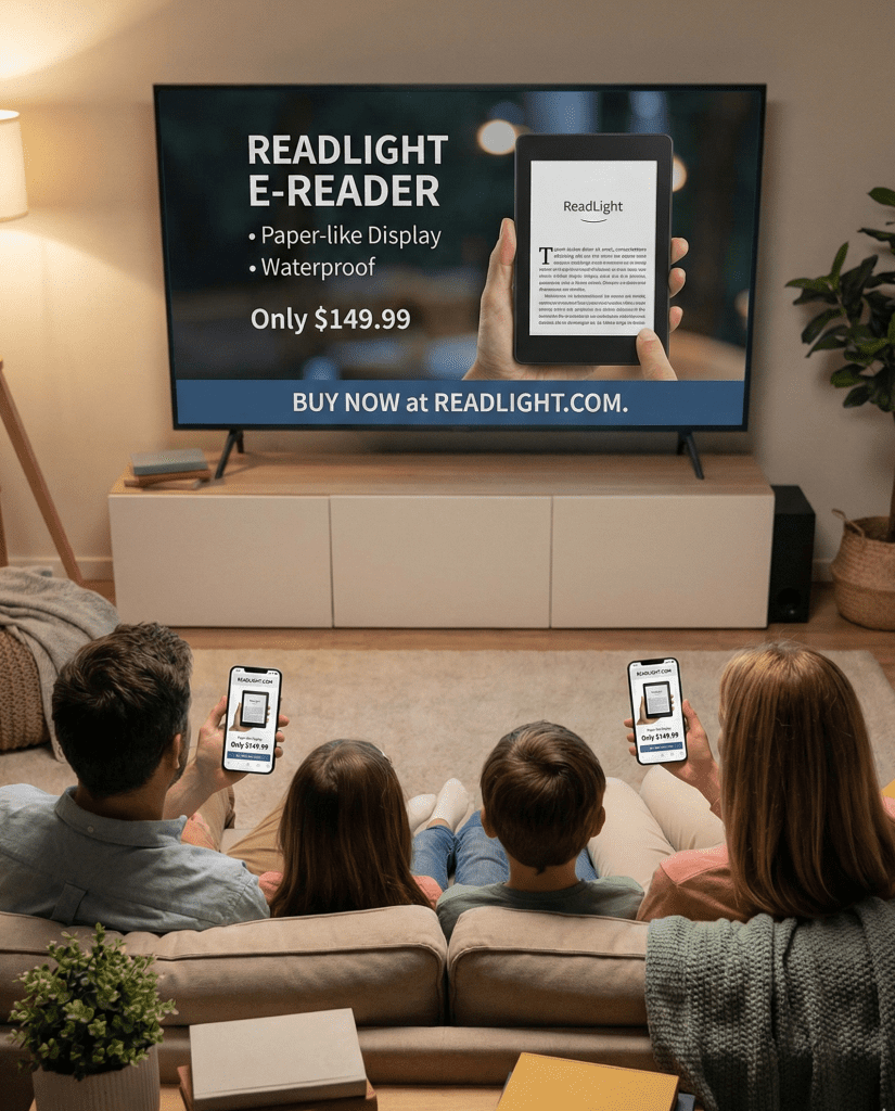 Family watching television while viewing a ReadLight e-reader advertisement on screen, with product features highlighted.