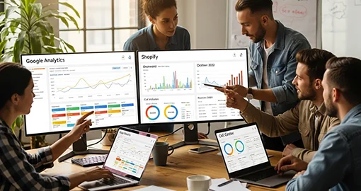 Professionals reviewing historical analytics data across multiple screens.