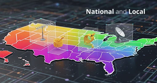 Map illustrating national and local TV advertising measurement coverage across the United States.